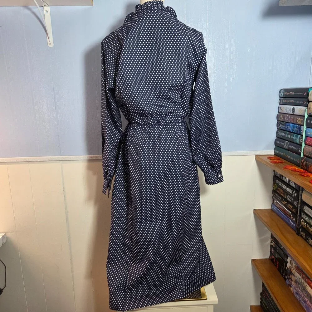 Vintage Abe Schrader Size 10 Navy Blue Polka Dot Peal Ruffle Long Dress - Picture 7 of 9